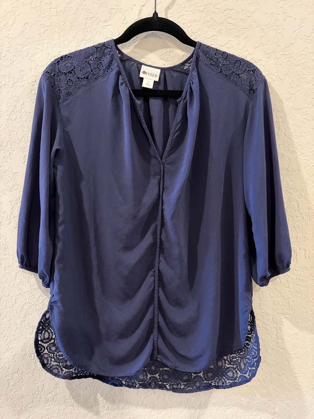 Stylus Navy Blue Split-Neck Blouse with Lace Trim Detail